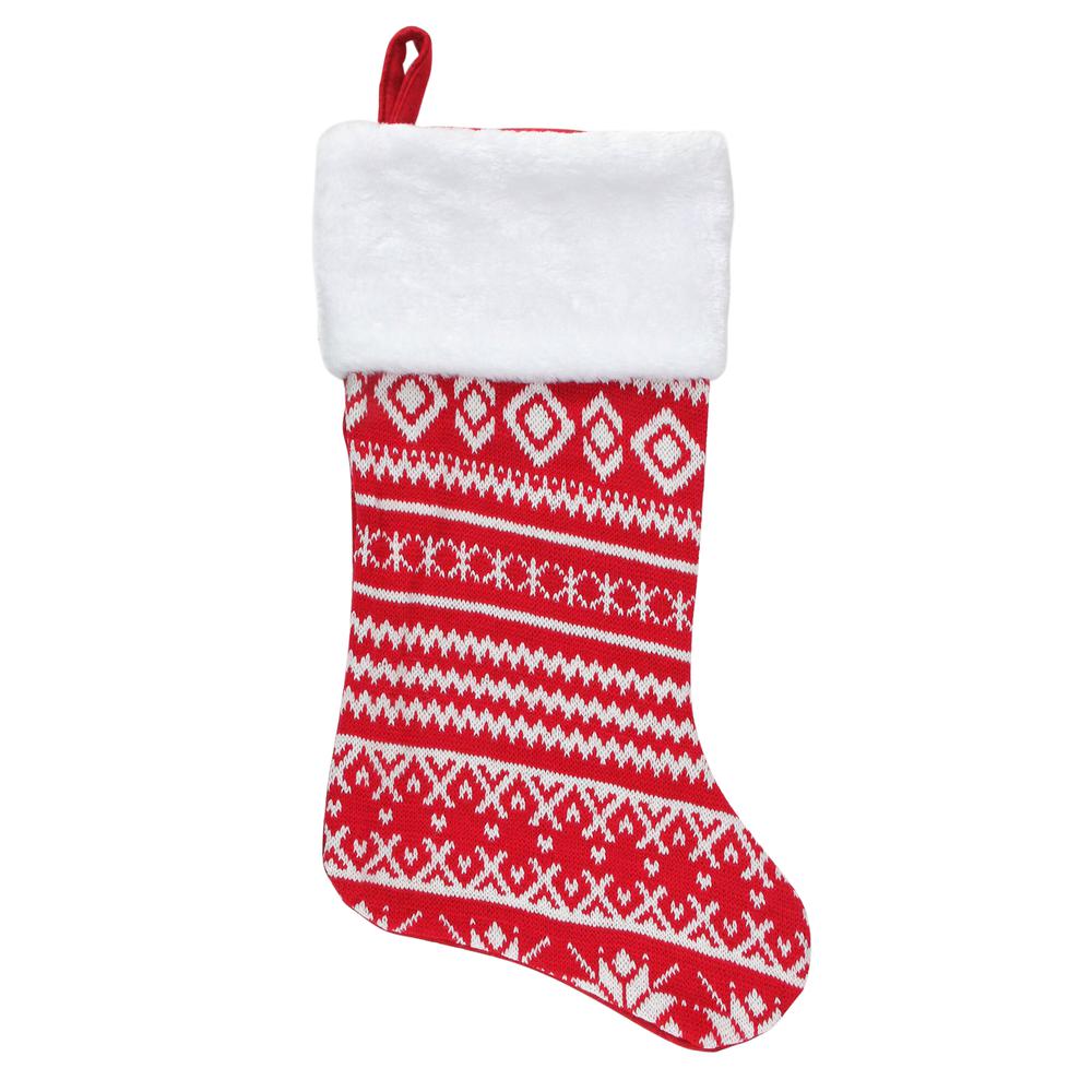 22" Red and White Rustic Lodge Knit Christmas Stocking with Cuff. Picture 1