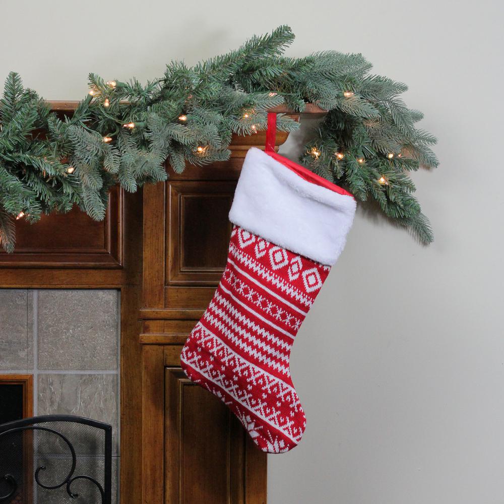 22" Red and White Rustic Lodge Knit Christmas Stocking with Cuff. Picture 2