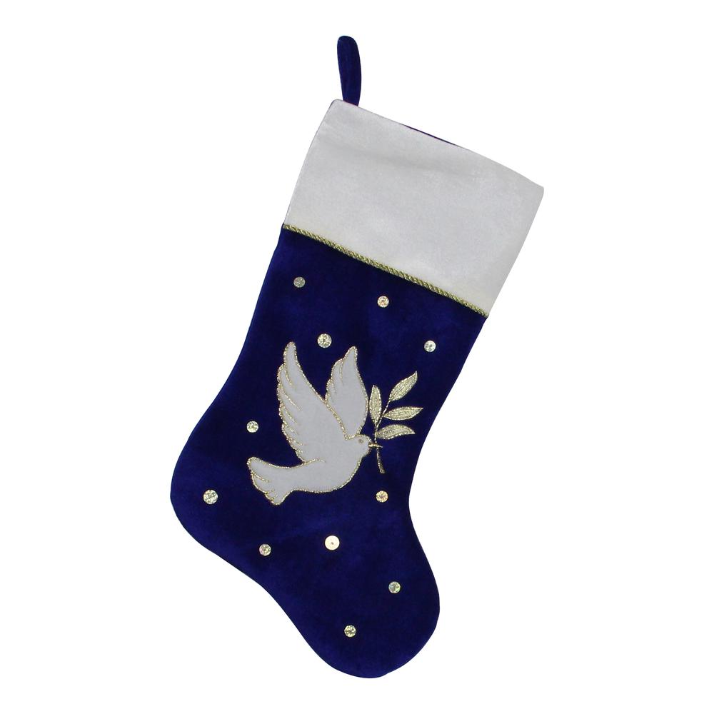 20.5" Royal Blue and White Velvet Dove with Olive Branch Christmas Stocking. Picture 1