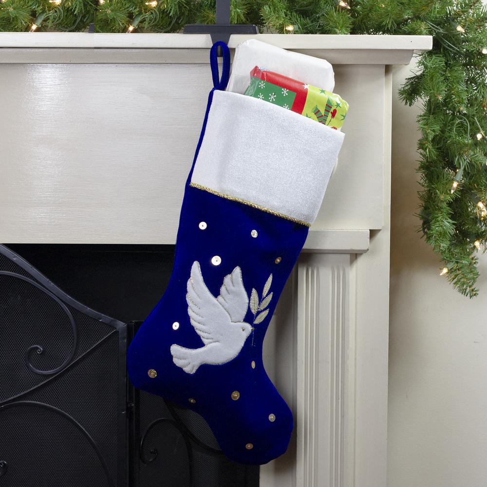 20.5" Royal Blue and White Velvet Dove with Olive Branch Christmas Stocking. Picture 2