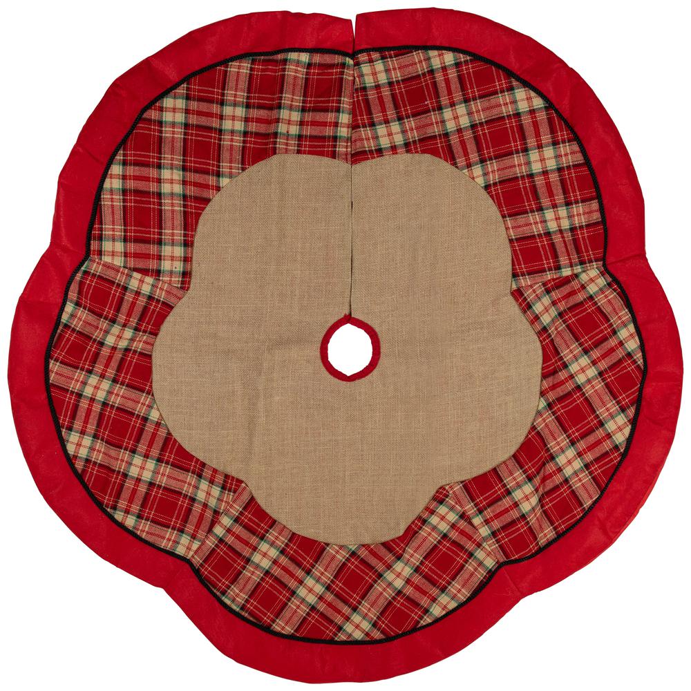 48" Burlap and Red Plaid Christmas Tree Skirt. Picture 1