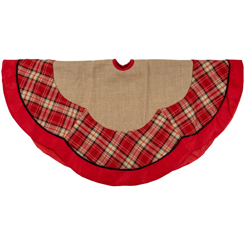48" Burlap and Red Plaid Christmas Tree Skirt. Picture 3