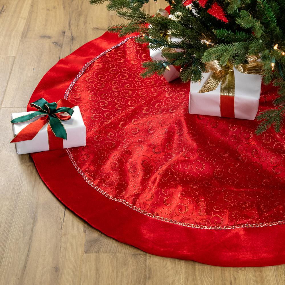 48" Red Glittered Swirl Christmas Tree Skirt. Picture 2