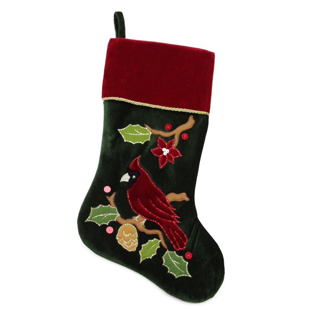 20.5" Red and Green Cardinal Embroidered Christmas Stocking. Picture 1
