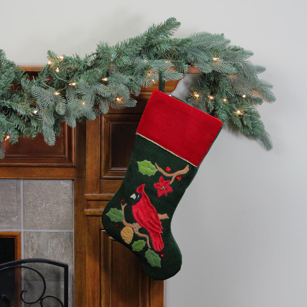 20.5" Red and Green Cardinal Embroidered Christmas Stocking. Picture 2