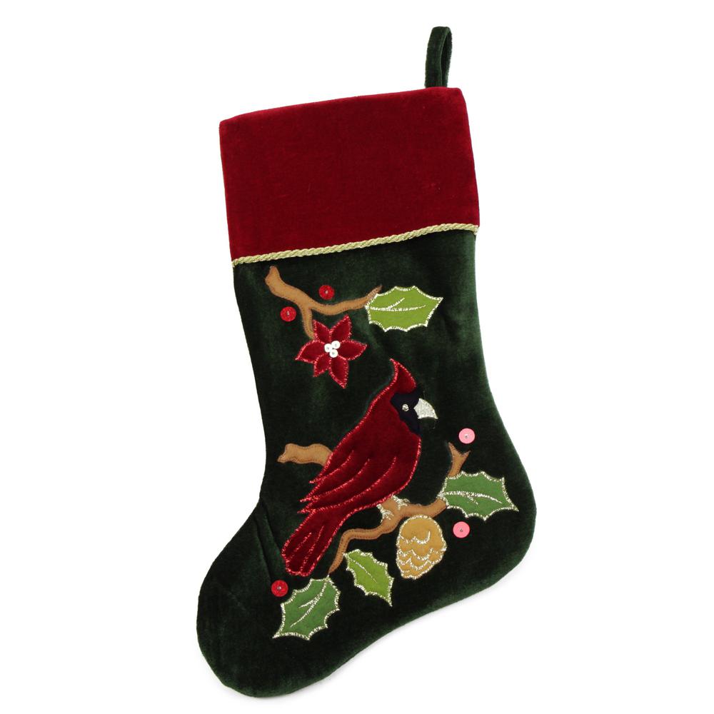 20.5" Red and Green Cardinal Embroidered Christmas Stocking. Picture 3