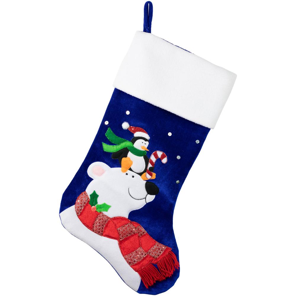 24" Large Penguin and Bear Blue Velveteen Christmas Stocking with White Cuff. Picture 1