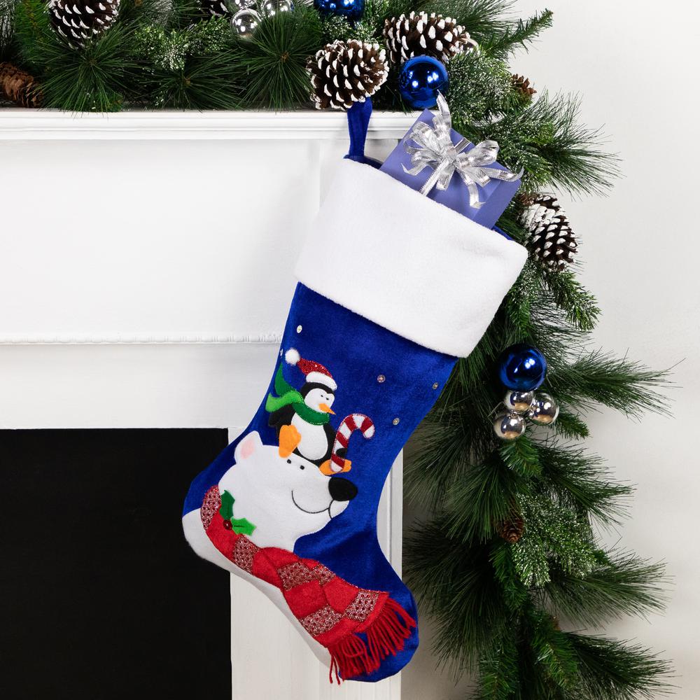 24" Large Penguin and Bear Blue Velveteen Christmas Stocking with White Cuff. Picture 2