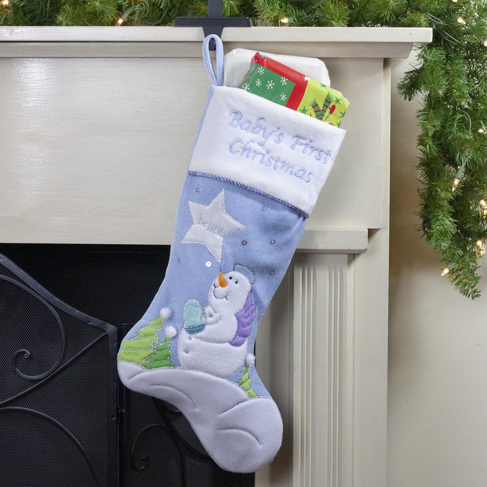 20" Blue Babys First Christmas Velveteen Snowman Angel Christmas Stocking. Picture 2
