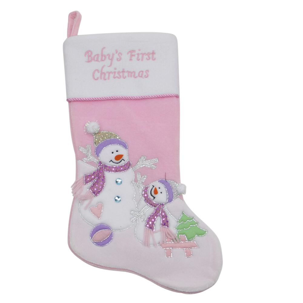 21" Light Pink Baby's First Christmas Velveteen Snowmen Christmas Stocking. Picture 1