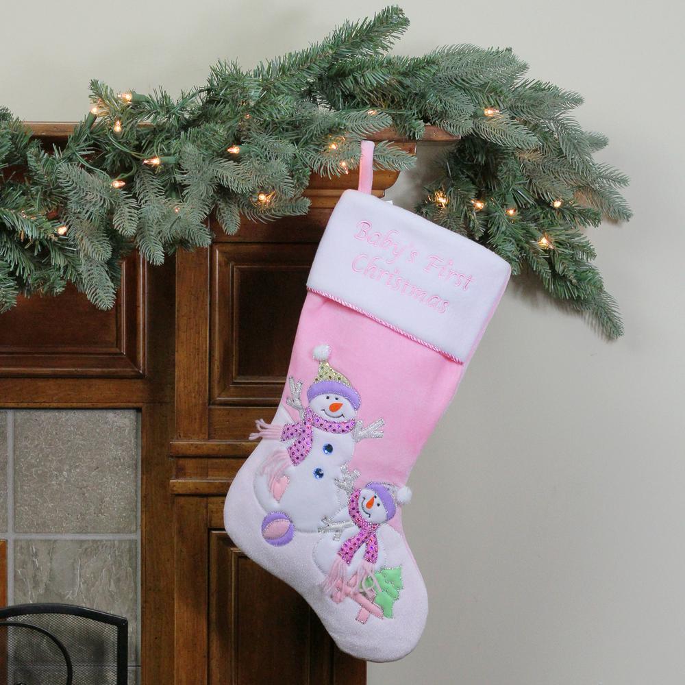 21" Light Pink Baby's First Christmas Velveteen Snowmen Christmas Stocking. Picture 2