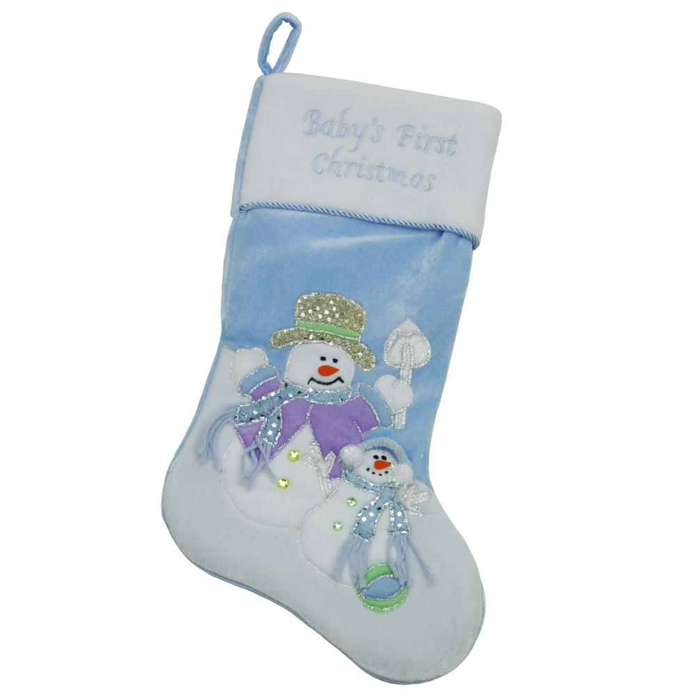21" Blue and White "Baby's First Christmas" Snowman Stocking. Picture 1