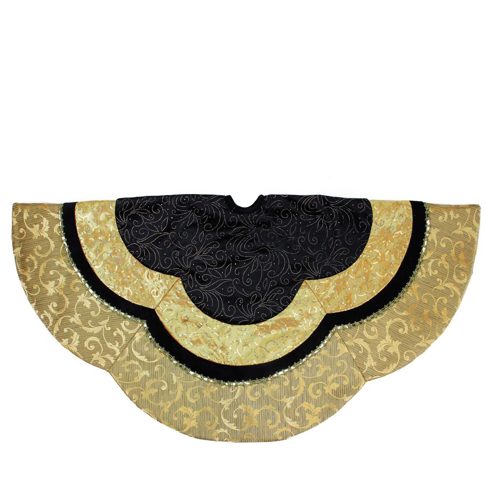 48" Black and Gold Velveteen Floral Scallop Christmas Tree Skirt. Picture 1