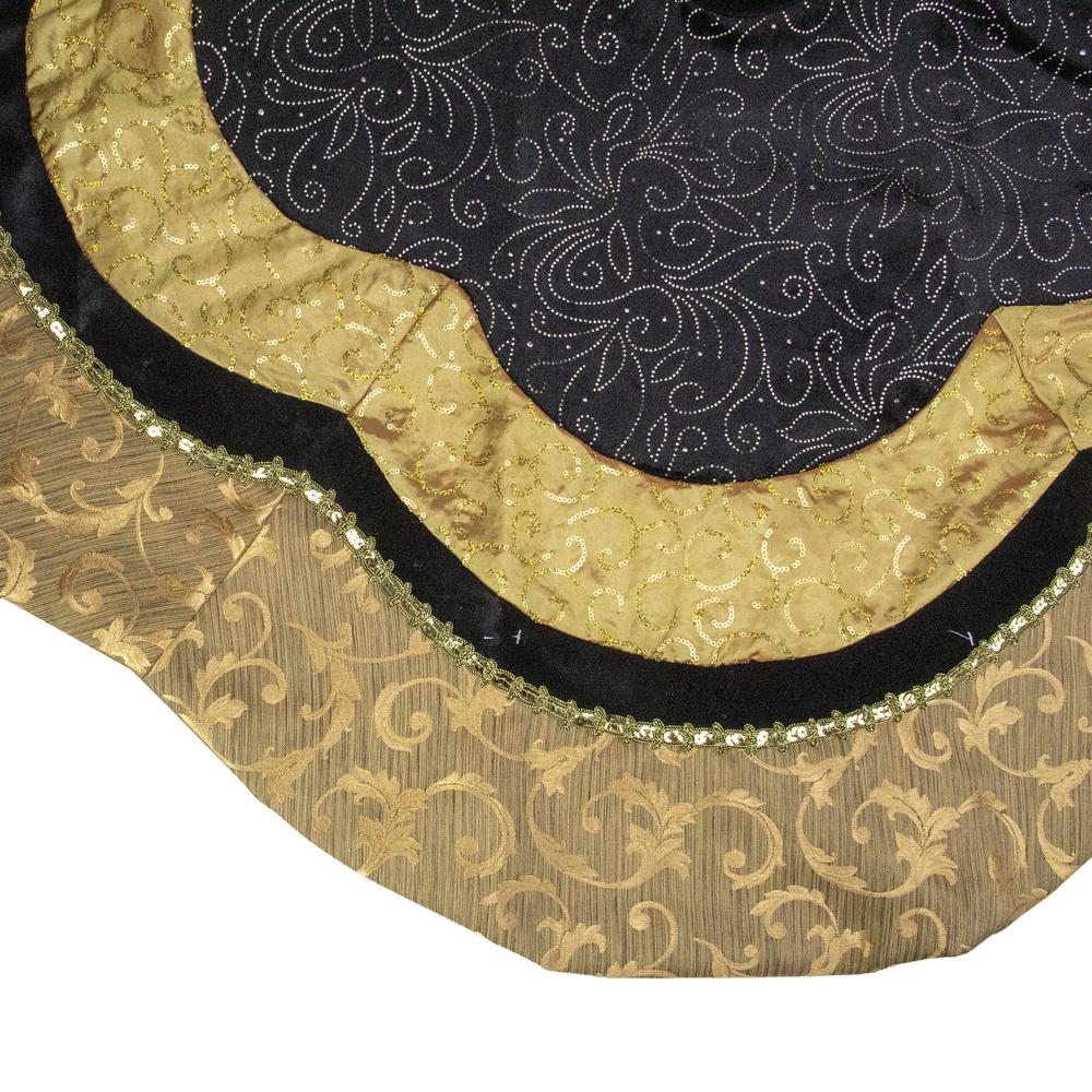 48" Black and Gold Velveteen Floral Scallop Christmas Tree Skirt. Picture 3