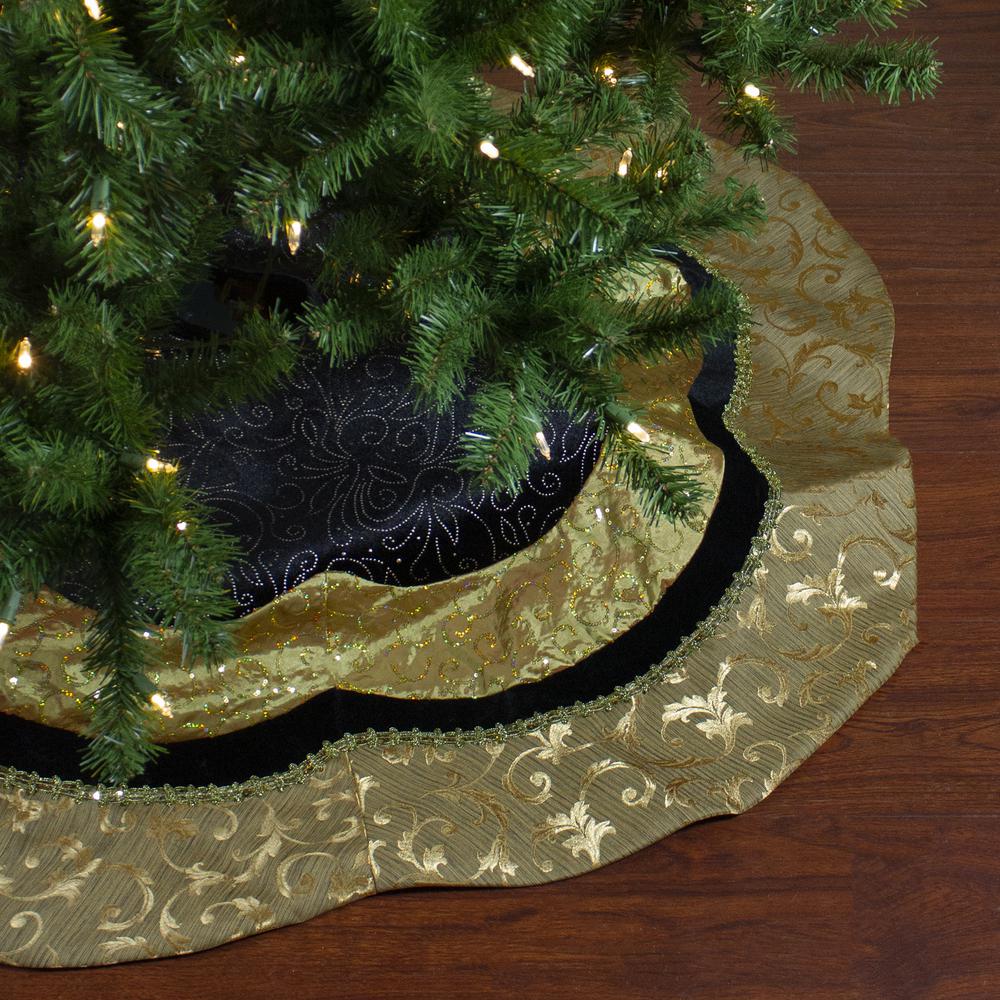 48" Black and Gold Velveteen Floral Scallop Christmas Tree Skirt. Picture 2