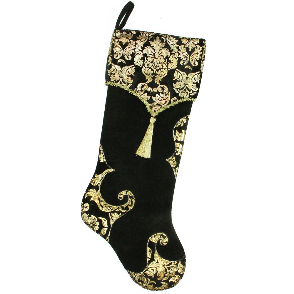 21.5" Black and Gold Damask Velveteen Christmas Stocking with Tassel. Picture 1