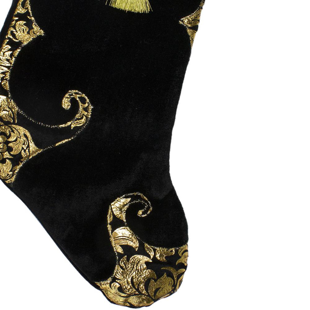 21.5" Black and Gold Damask Velveteen Christmas Stocking with Tassel. Picture 4