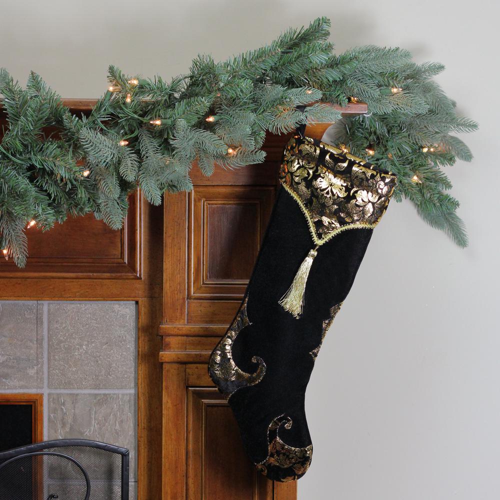 21.5" Black and Gold Damask Velveteen Christmas Stocking with Tassel. Picture 2