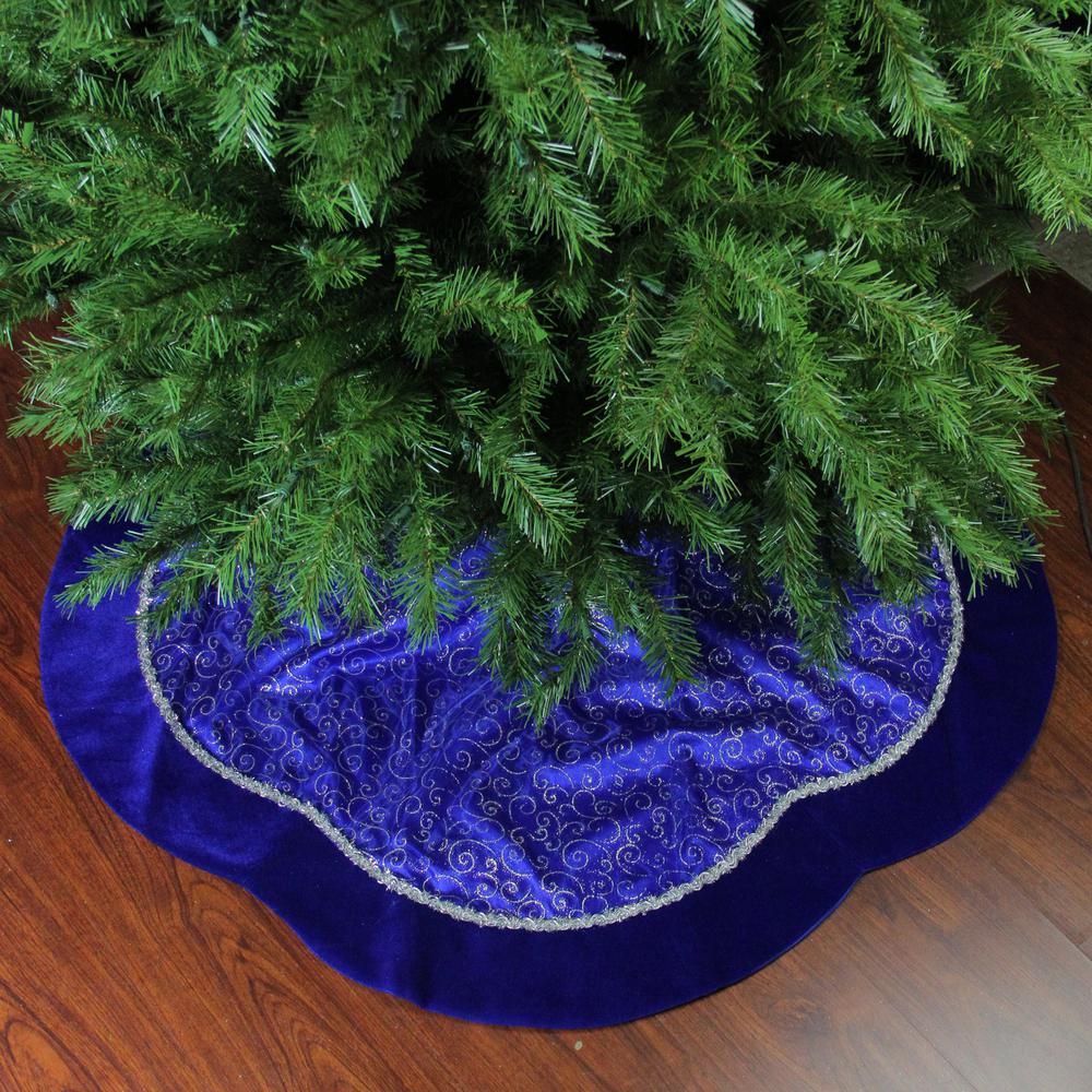 48" Royal Blue and Silver Swirl Christmas Tree Skirt with Scalloped Trim. Picture 2