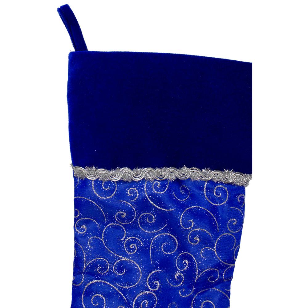 20.5" Royal Blue and Silver Swirl Christmas Stocking with Velveteen Cuff. Picture 4