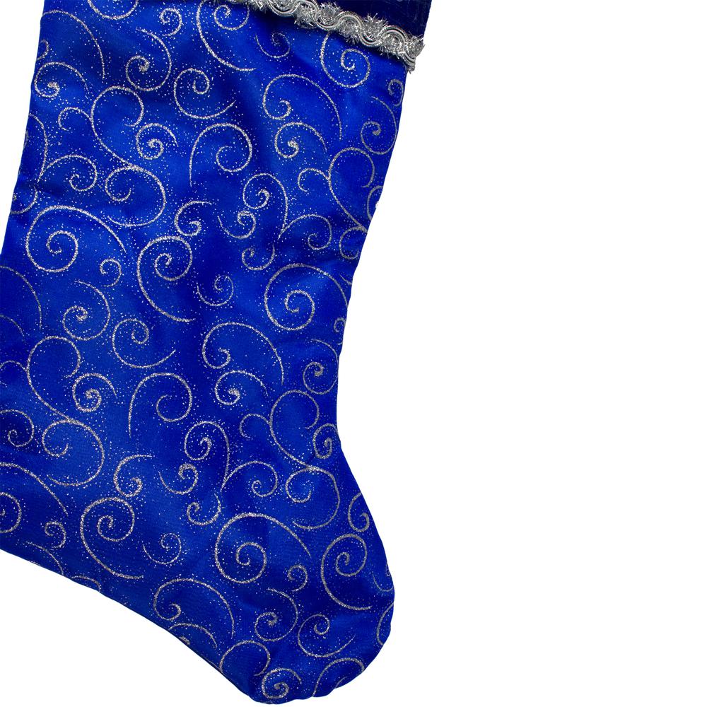 20.5" Royal Blue and Silver Swirl Christmas Stocking with Velveteen Cuff. Picture 3