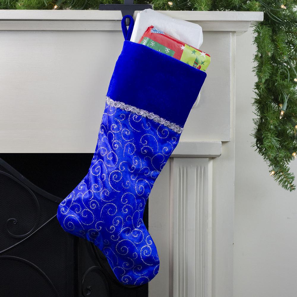 20.5" Royal Blue and Silver Swirl Christmas Stocking with Velveteen Cuff. Picture 2
