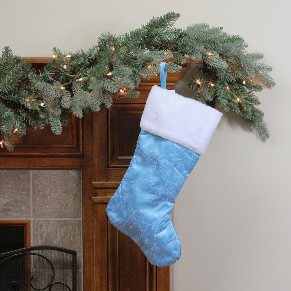 21" Blue and White Glitter Snowflake Christmas Stocking. Picture 2