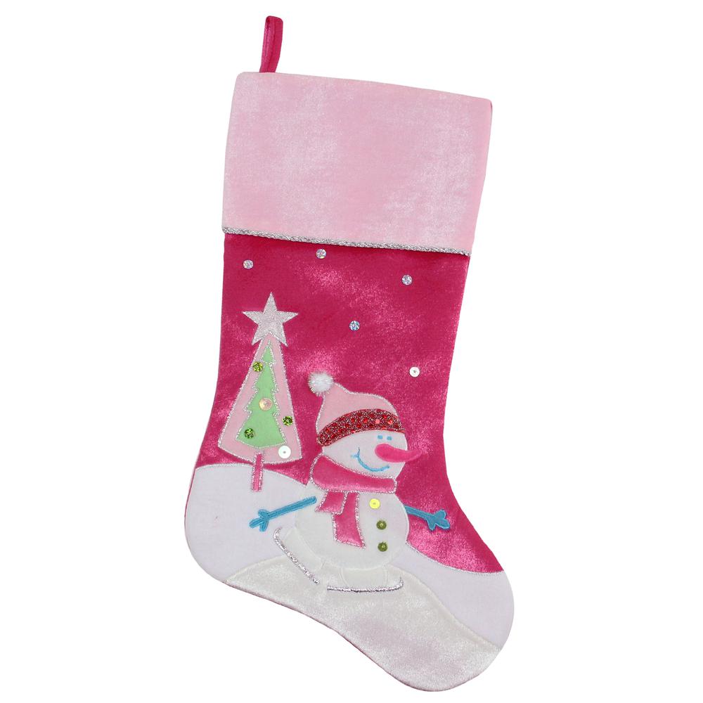 20.5" Pink Embroidered Ice Skating Snowman and Christmas Tree Stocking. Picture 1