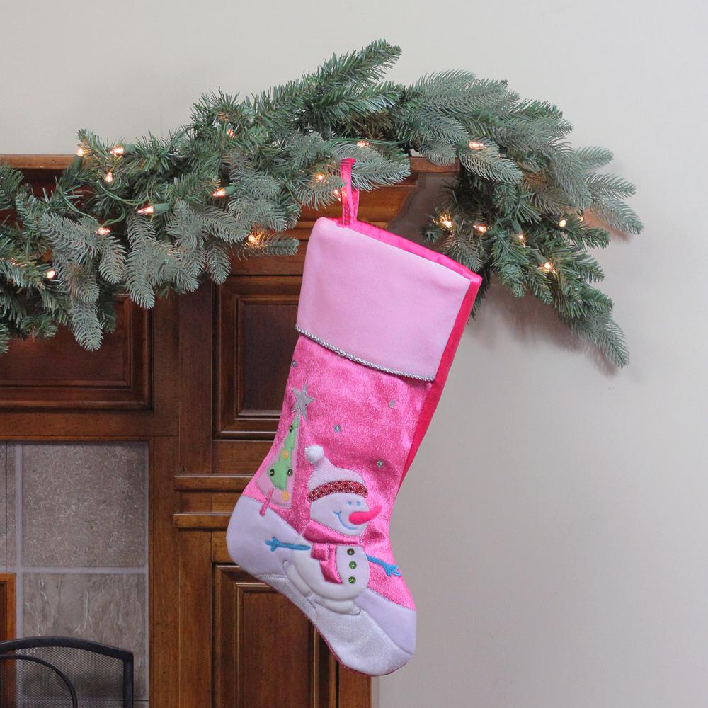 20.5" Pink Embroidered Ice Skating Snowman and Christmas Tree Stocking. Picture 2