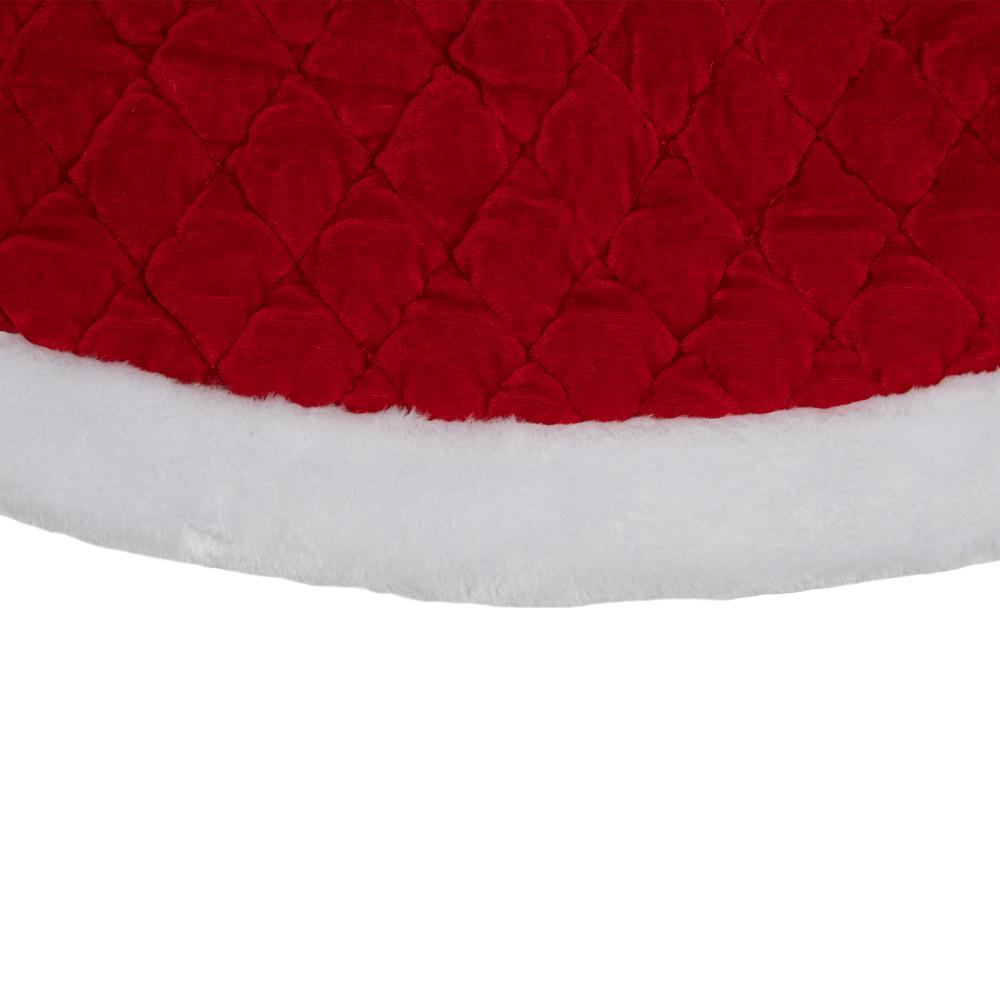 48" Red and White Quilted Faux Fur Border Christmas Tree Skirt. Picture 2