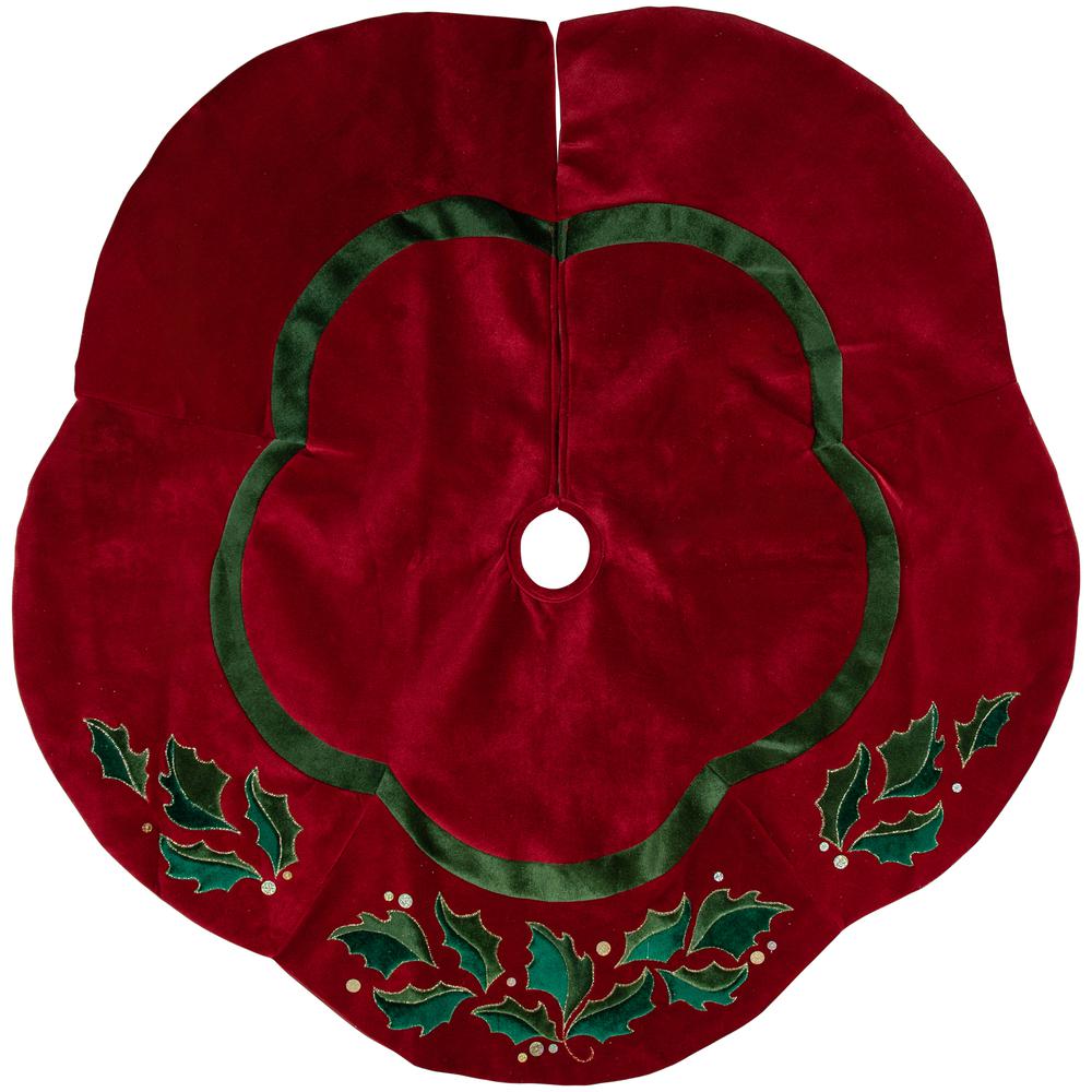 48" Red and Green Velveteen Holly Christmas Tree Skirt. Picture 1