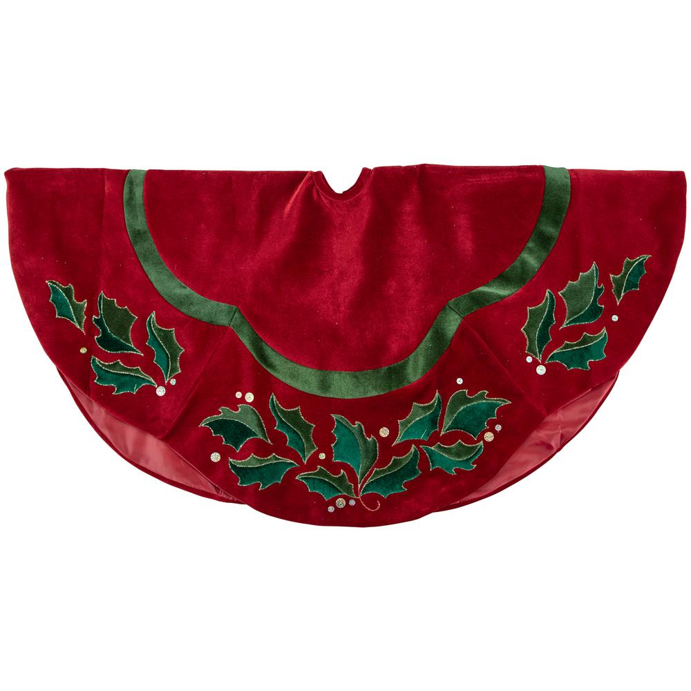 48" Red and Green Velveteen Holly Christmas Tree Skirt. Picture 3