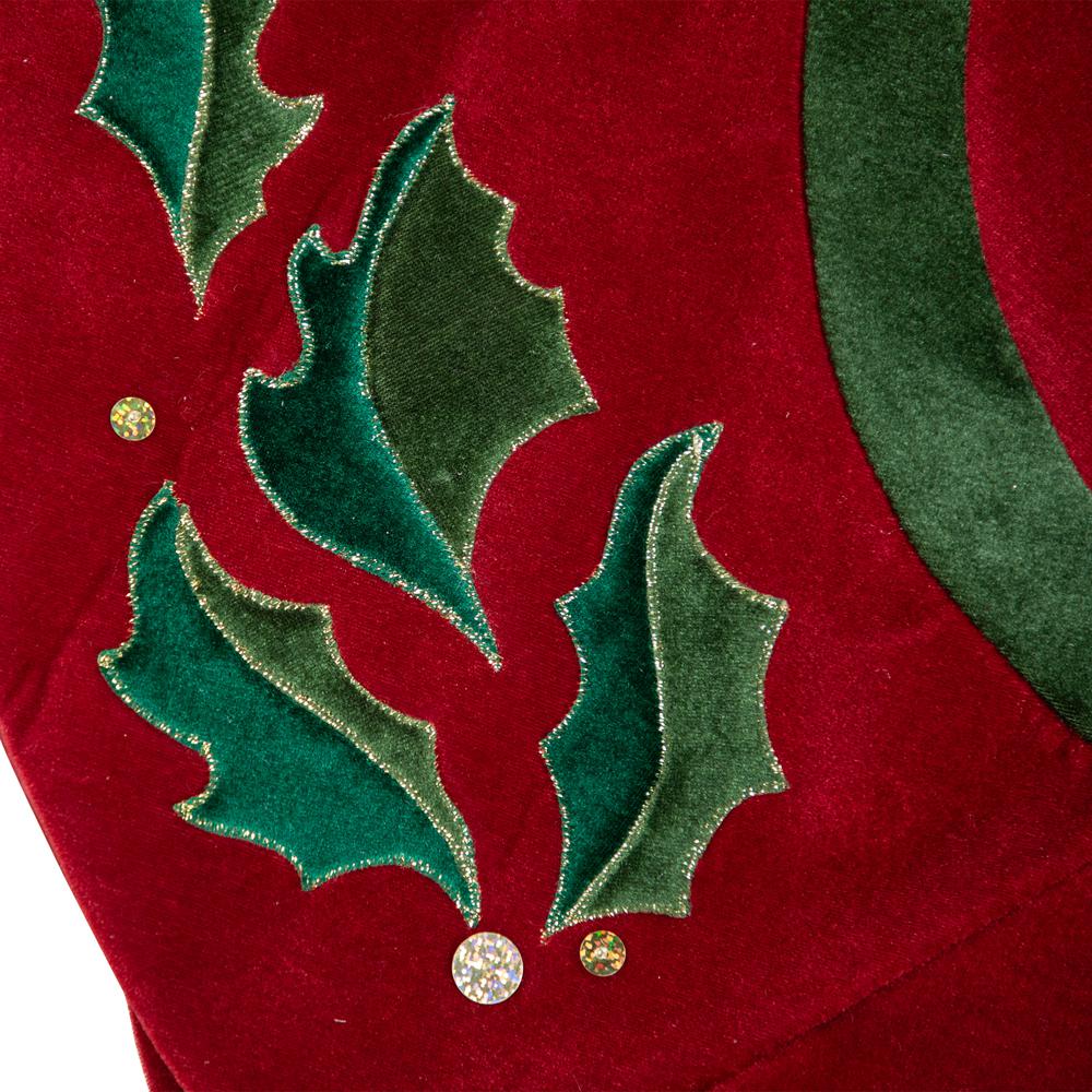 48" Red and Green Velveteen Holly Christmas Tree Skirt. Picture 4