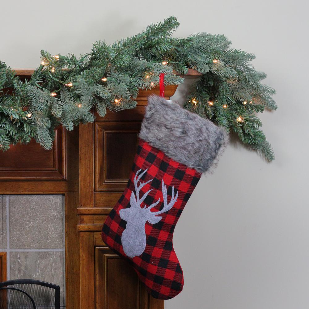 20.5" Red and Black Buffalo Plaid Reindeer Christmas Stocking. Picture 2