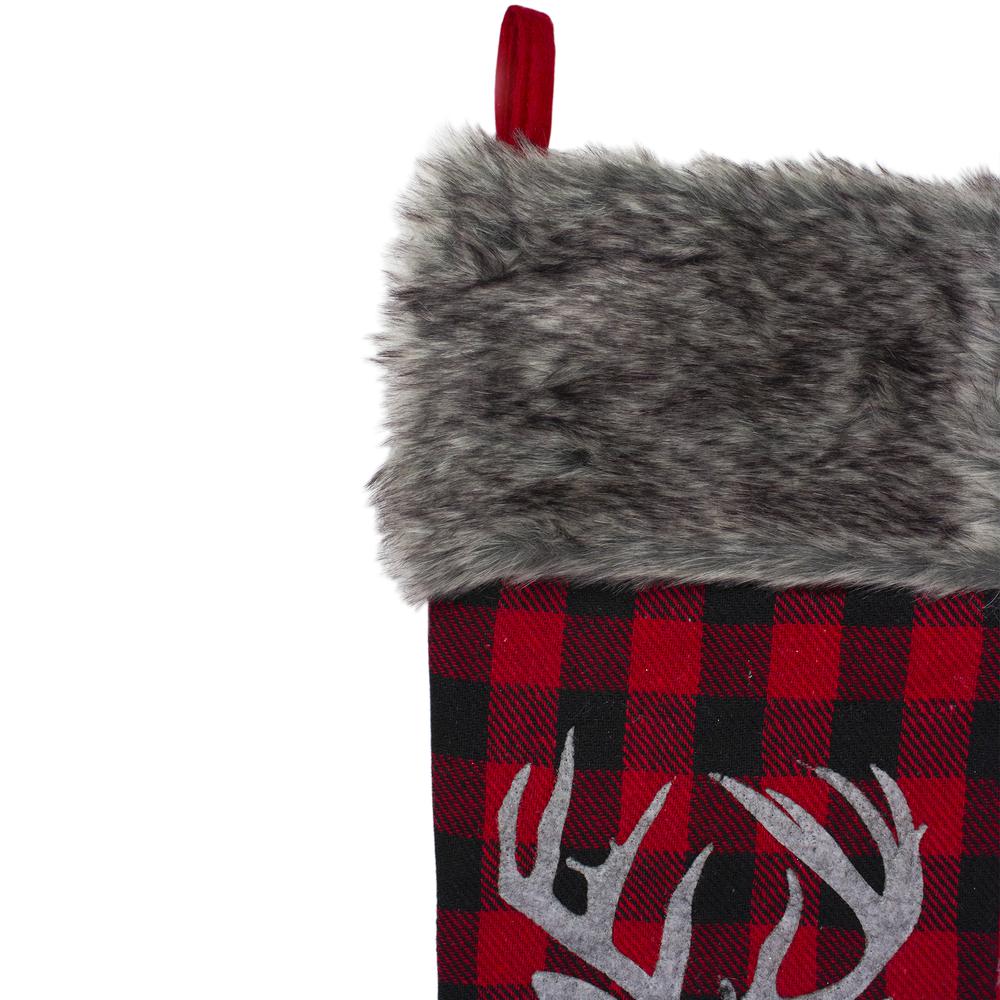 20.5" Red and Black Buffalo Plaid Reindeer Christmas Stocking. Picture 4