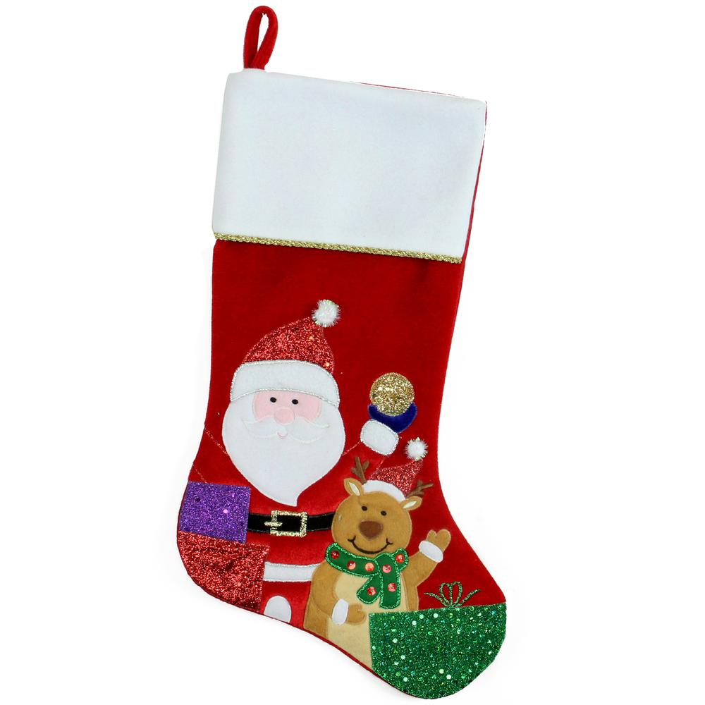 20.5" Red and White Glittered Santa Claus and Reindeer Christmas Stocking. Picture 1