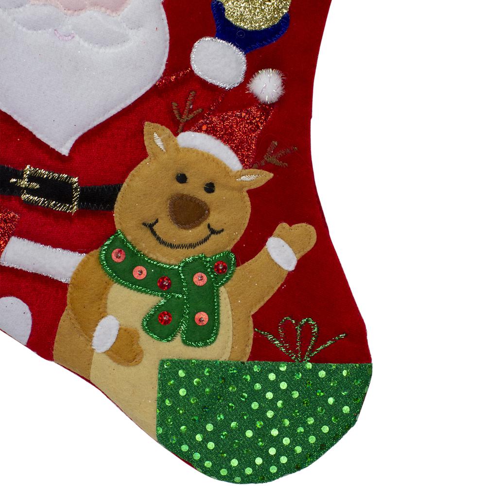 20.5" Red and White Glittered Santa Claus and Reindeer Christmas Stocking. Picture 3