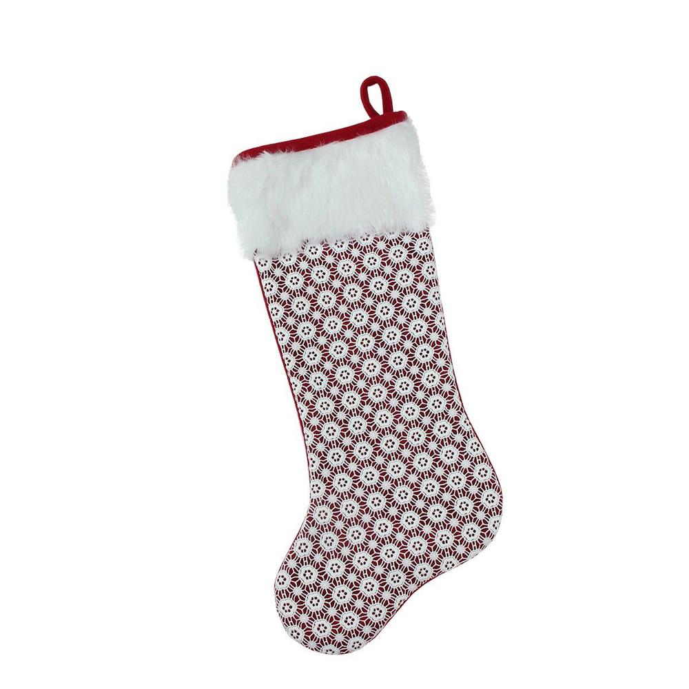 20.5" Red and White Lace Christmas Stocking with Cuff. Picture 2