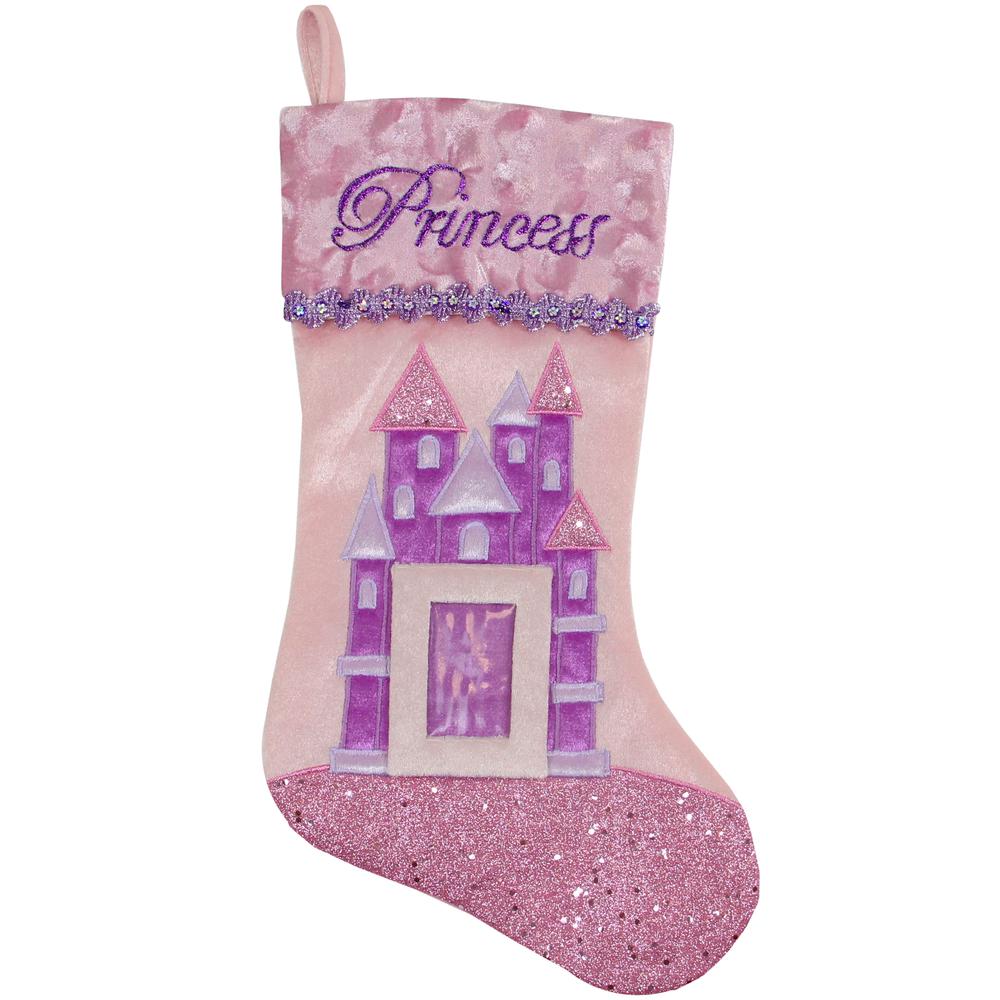 20" Pink and Purple Glitter Princess Christmas Stocking. Picture 1