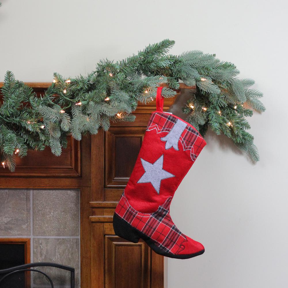 18.5" Country Rustic Red and Black Plaid Cowboy Boot Christmas Stocking. Picture 2