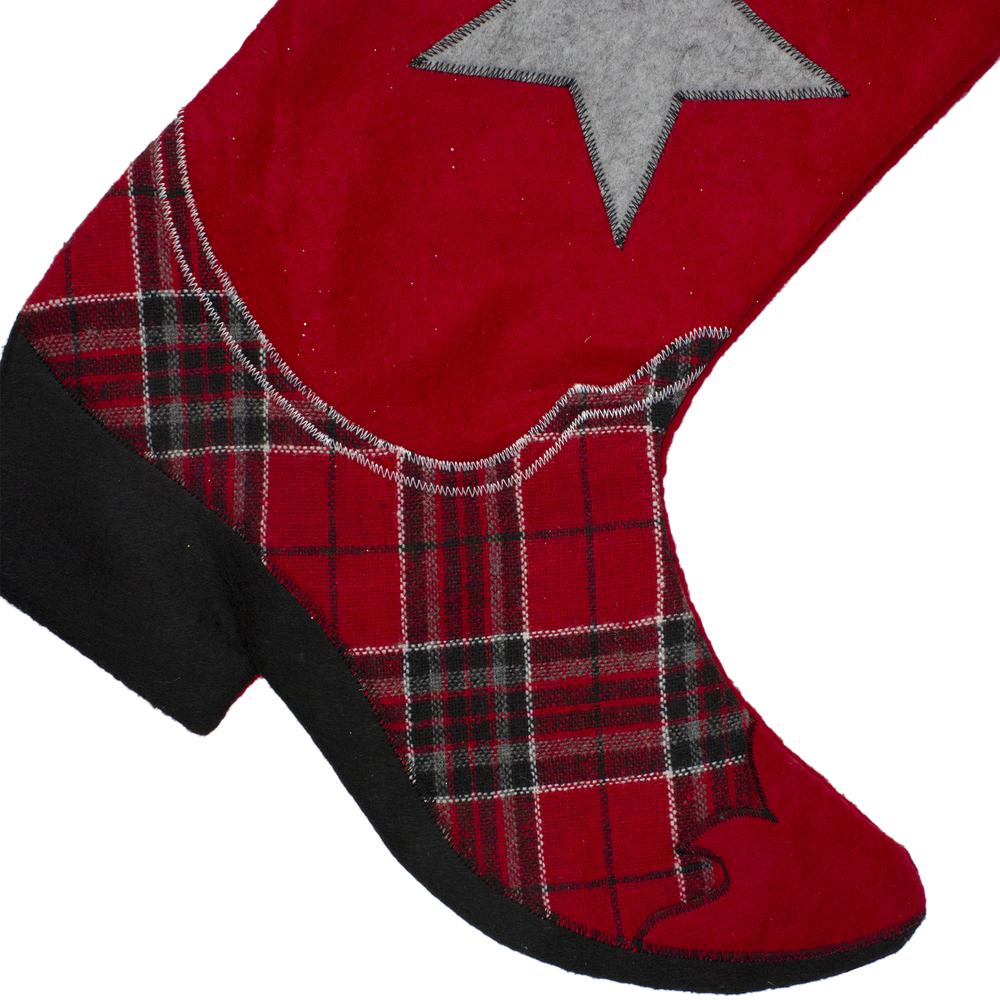 18.5" Country Rustic Red and Black Plaid Cowboy Boot Christmas Stocking. Picture 4
