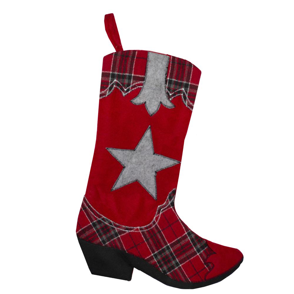 18.5" Country Rustic Red and Black Plaid Cowboy Boot Christmas Stocking. Picture 1