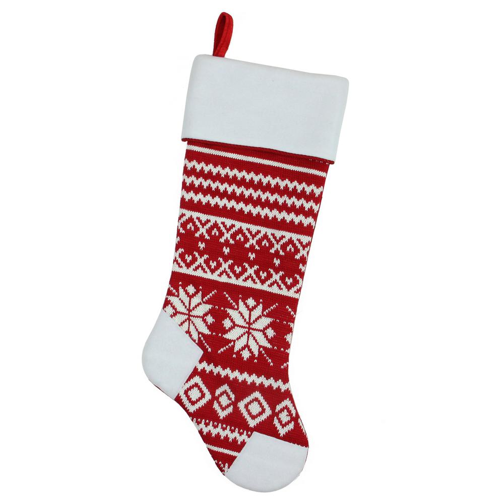21.5" Red and White Knitted Snowflake Christmas Stocking with Fleece Cuff. Picture 1