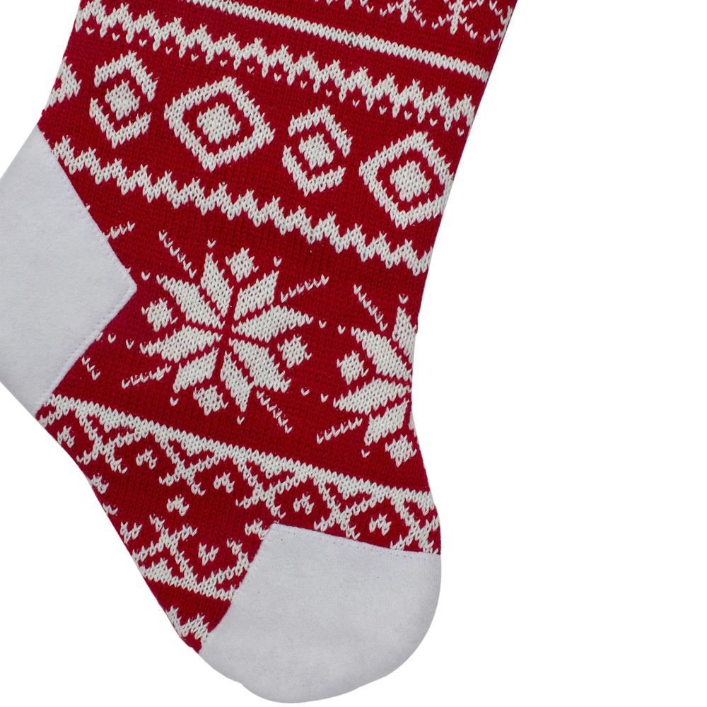 21.5" Red and White Knitted Snowflake Christmas Stocking with Fleece Cuff. Picture 3
