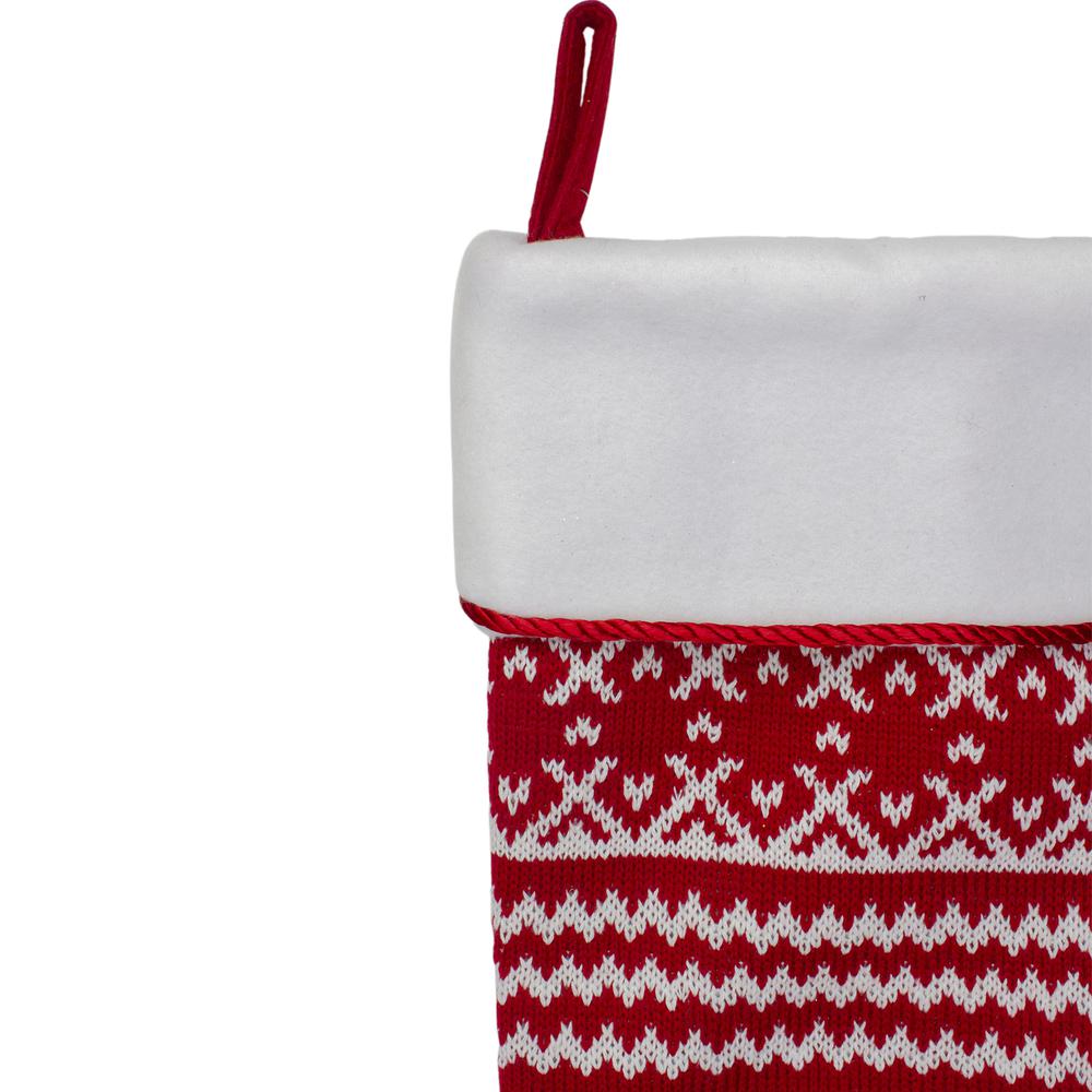 21.5" Red and White Knitted Snowflake Christmas Stocking with Fleece Cuff. Picture 4