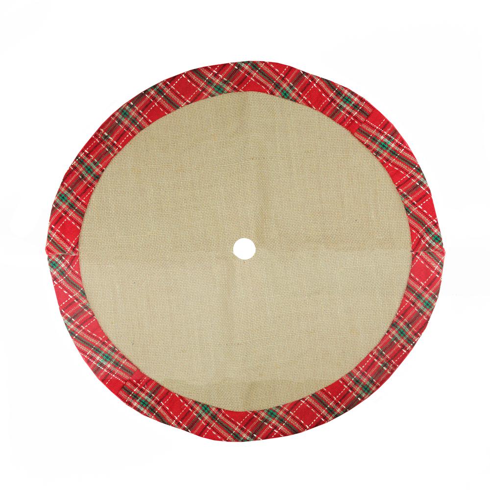 20" Rustic Burlap Mini Christmas Tree Skirt with Red Plaid Border. Picture 1