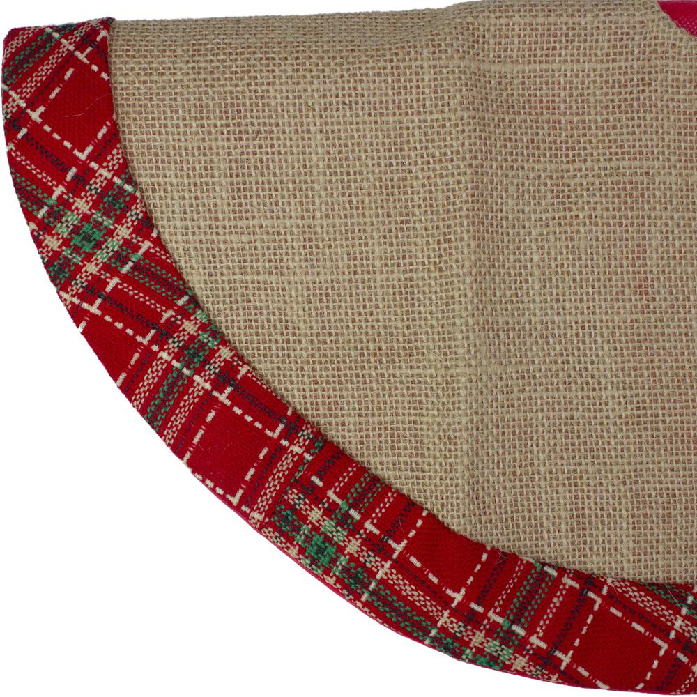 20" Rustic Burlap Mini Christmas Tree Skirt with Red Plaid Border. Picture 3