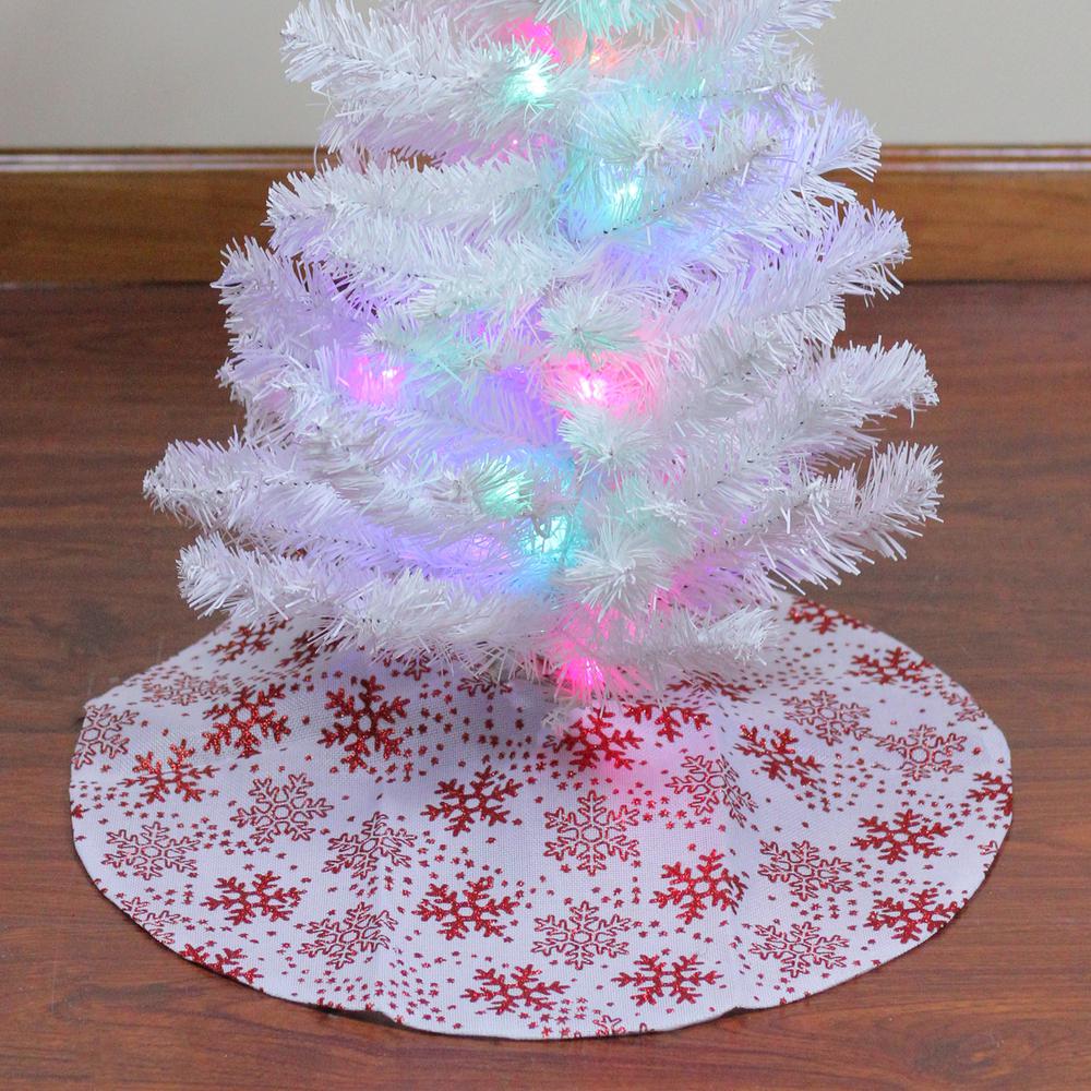 20" White and Red Glitter Snowflake Mini Burlap Christmas Tree Skirt. Picture 2