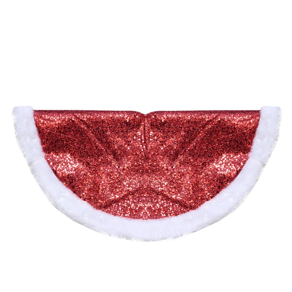 20" Red Glittered Mini Christmas Tree Skirt With a Faux Fur Trim. Picture 1
