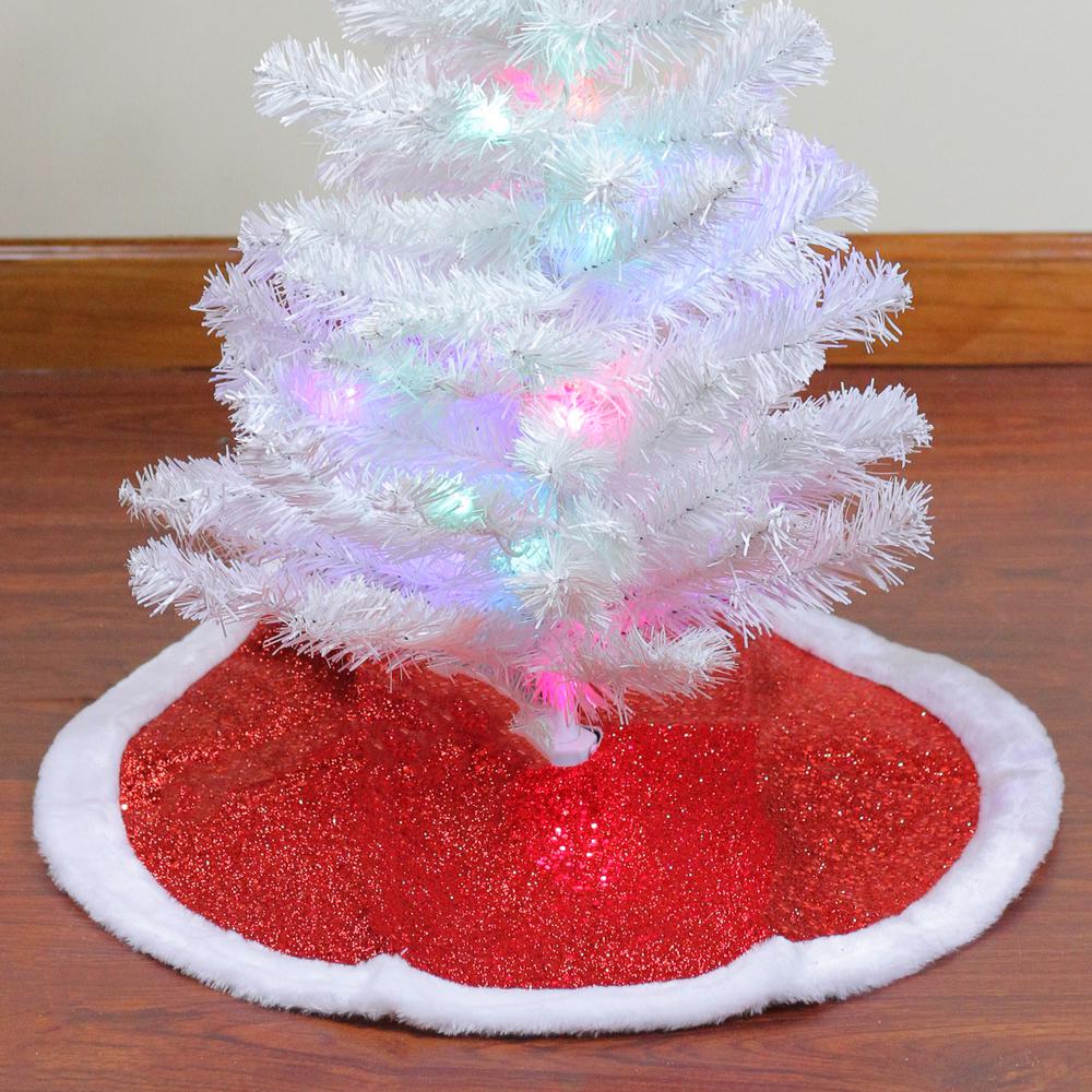 20" Red Glittered Mini Christmas Tree Skirt With a Faux Fur Trim. Picture 2